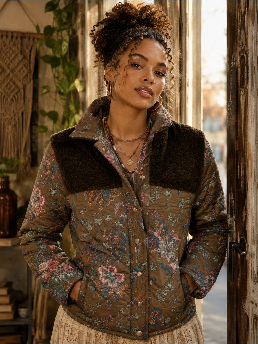 Love The Label Finley Sherpa Jacket Reversible Charlotte Floral Brown S Small - Picture 3 of 10